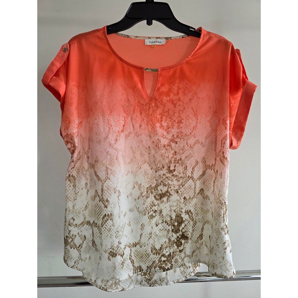 Calvin Klein Womens Ombre Snakeskin Blouse Coral Orange Animal Print Medium